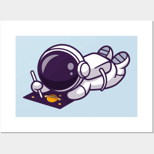 Cute Astronaut Drawing Planet On Paper Cartoon Posters and Art